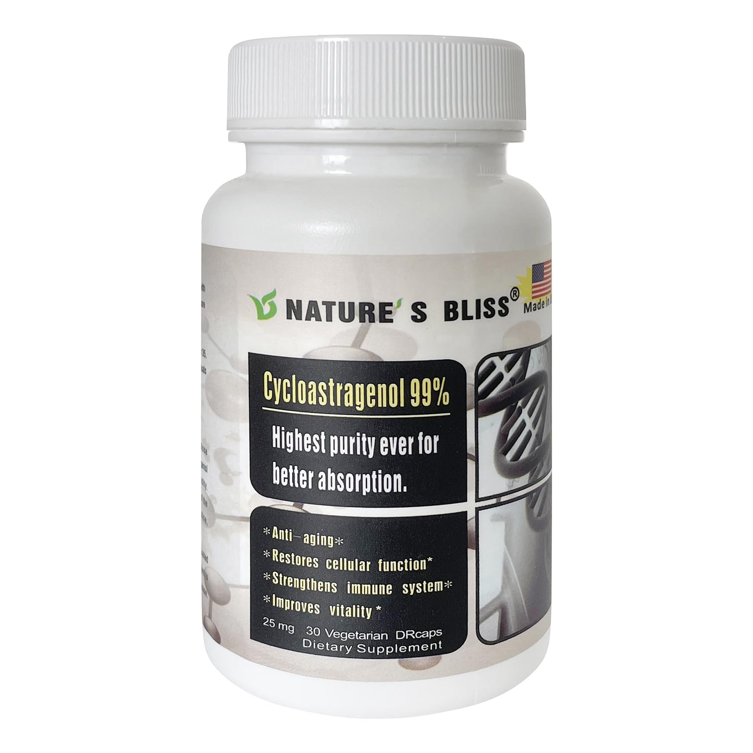 Nature'sbliss Cycloastragenol bottle side showing stomach-acid protection.