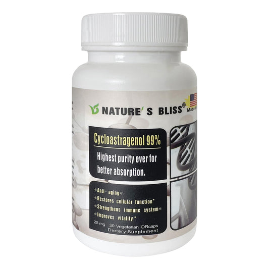 Nature'sbliss Cycloastragenol bottle side showing stomach-acid protection.
