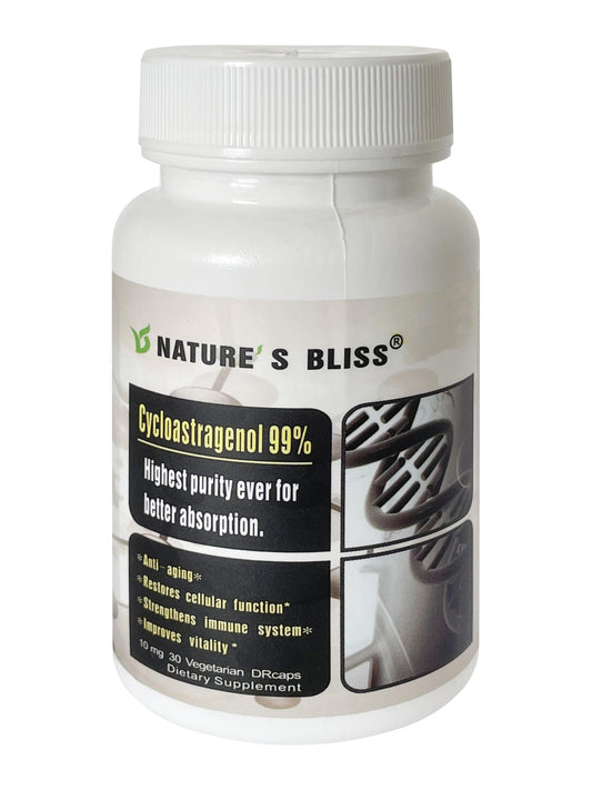 Nature'sbliss Cycloastragenol bottle close-up with 10 mg dose for potential healthy aging support.