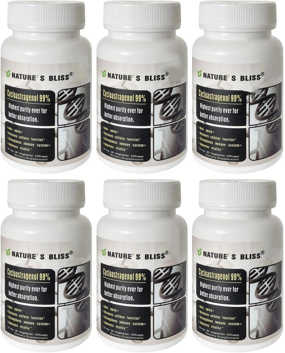 Nature'sbliss telomerase cycloastragenol bottle shows purity and secure packaging.