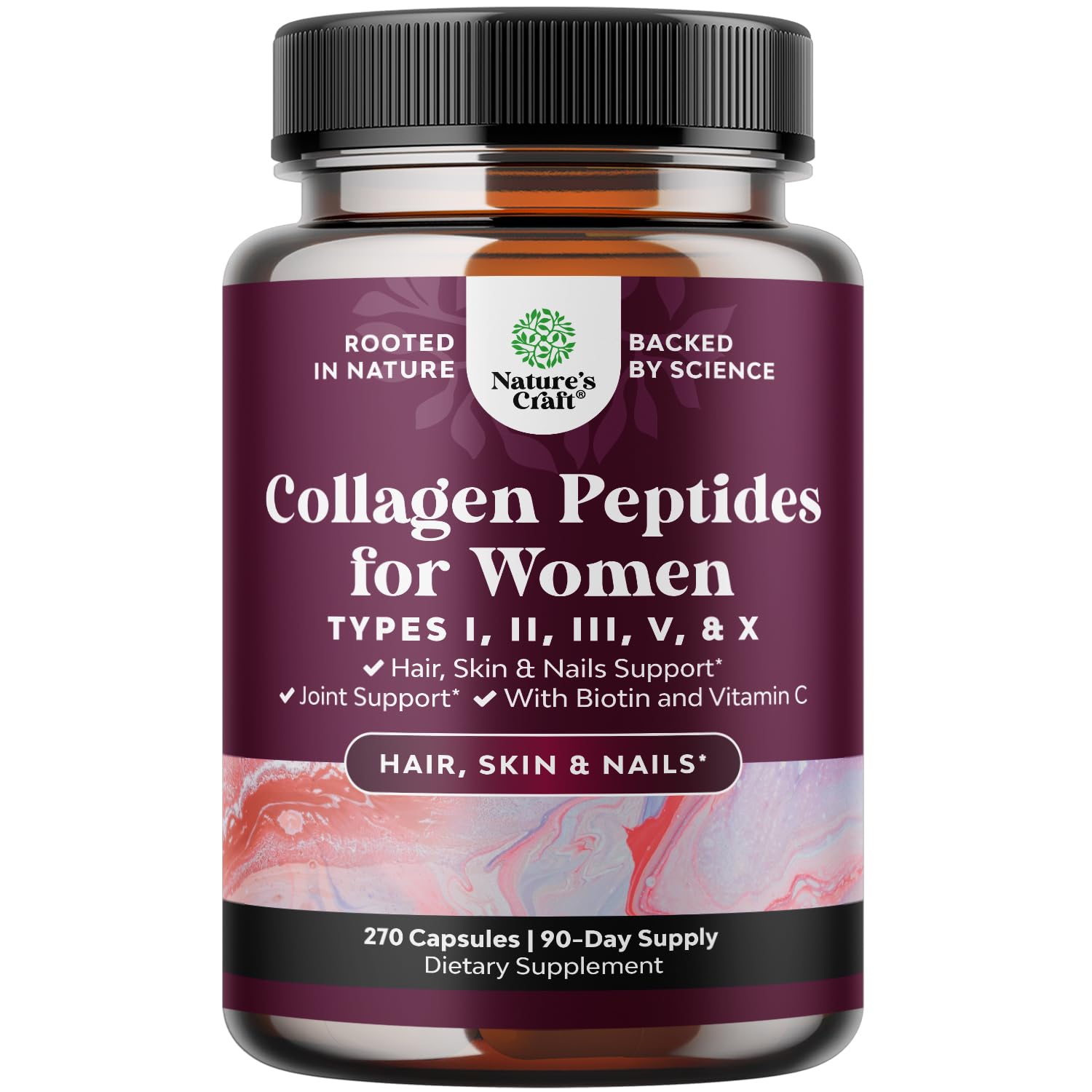 Natures Craft Advanced Multi Collagen bottle label highlighting hair, skin, nails support