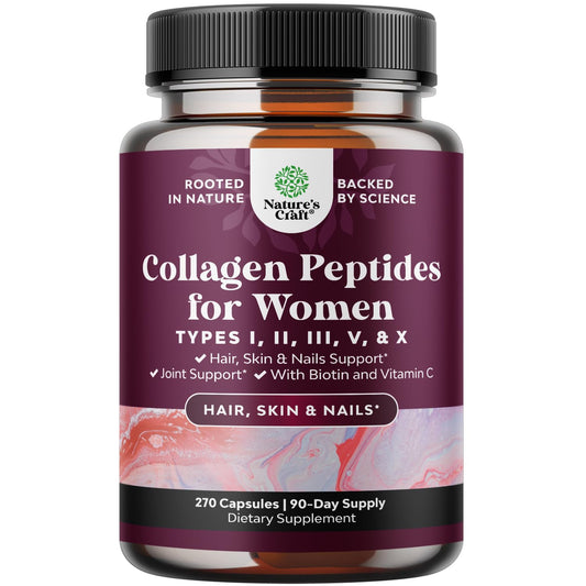 Natures Craft Advanced Multi Collagen bottle label highlighting hair, skin, nails support