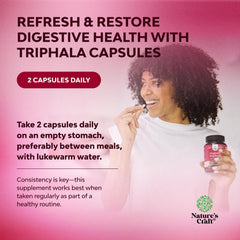 Natures Craft Digestive Triphala capsules on white background for daily use