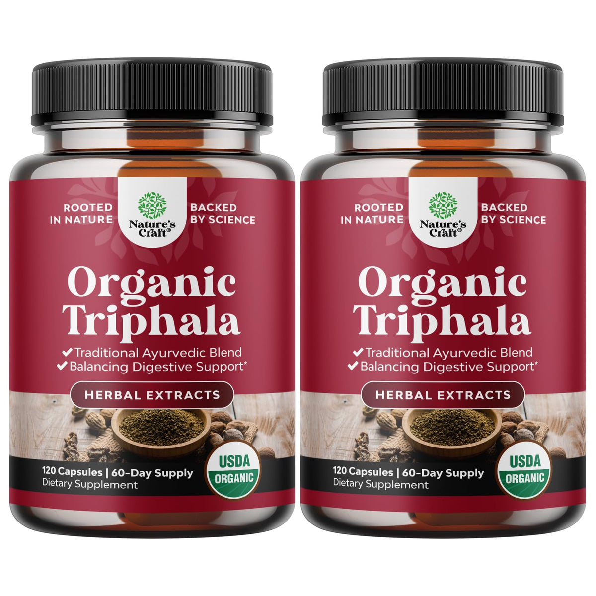 Natures Craft Digestive Triphala capsules in organic bottle for gentle daily digestive support
