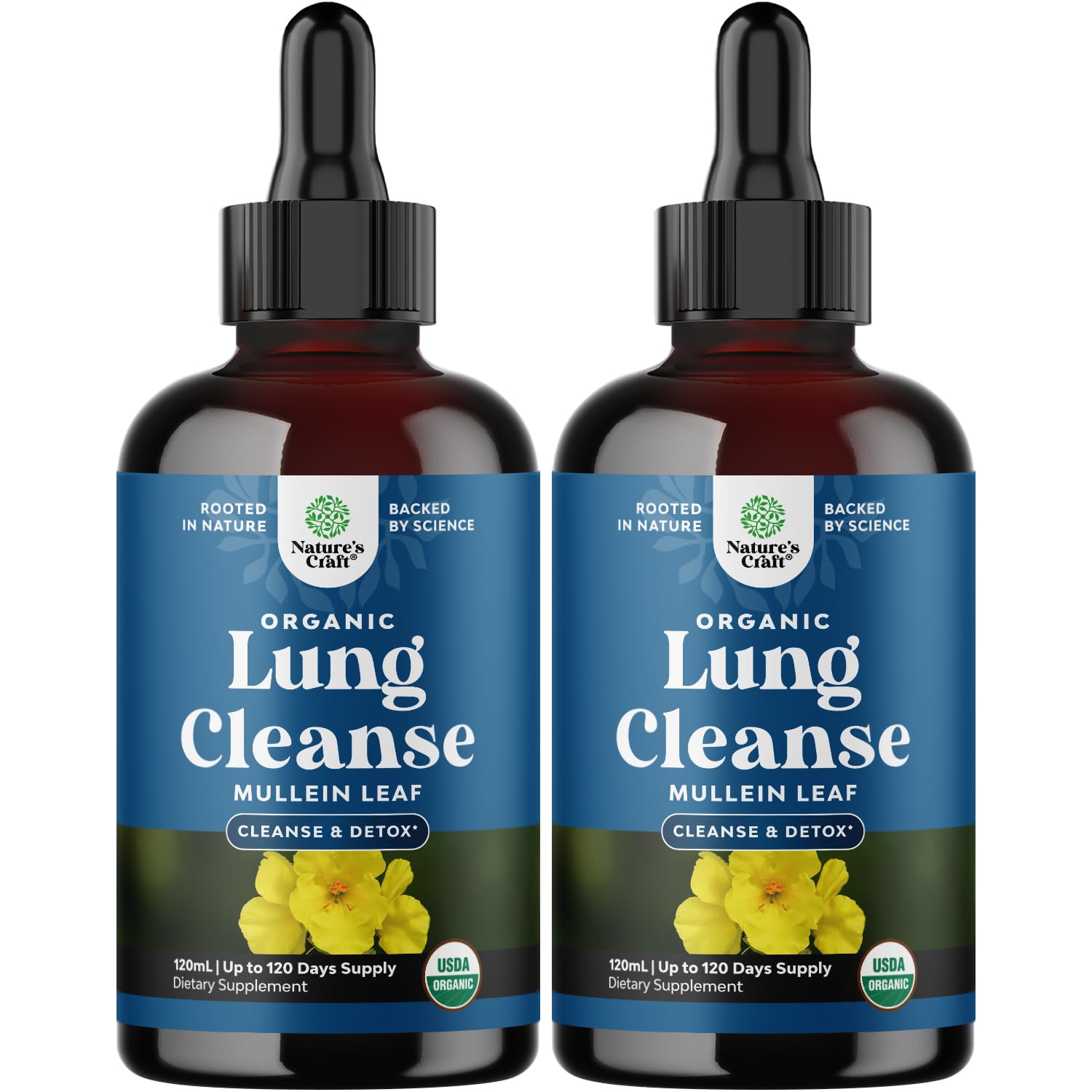 Natures Craft Organic Mullein Drops bottle top view highlighting ease of use for lung support