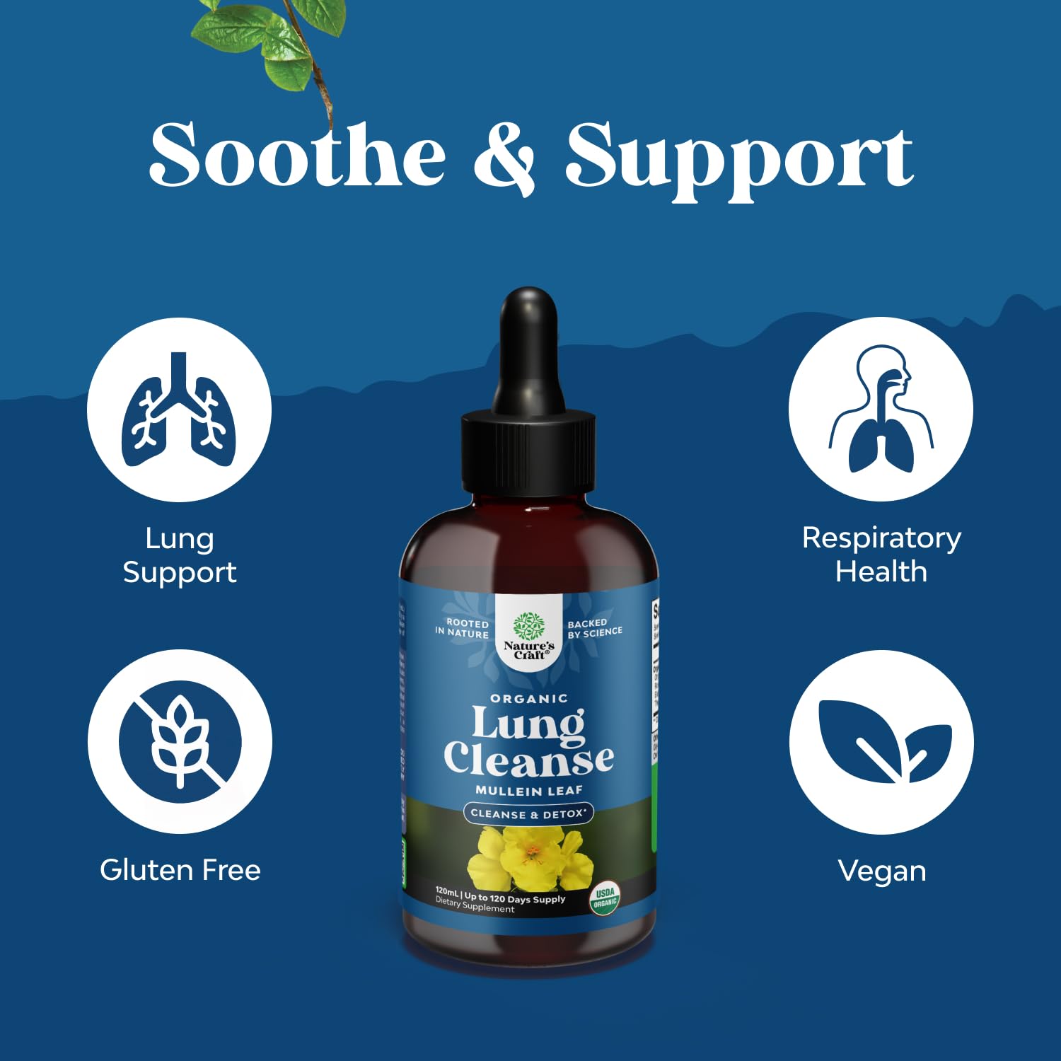 Natures Craft Mullein Drops bottle label emphasizing vegan and organic ingredients