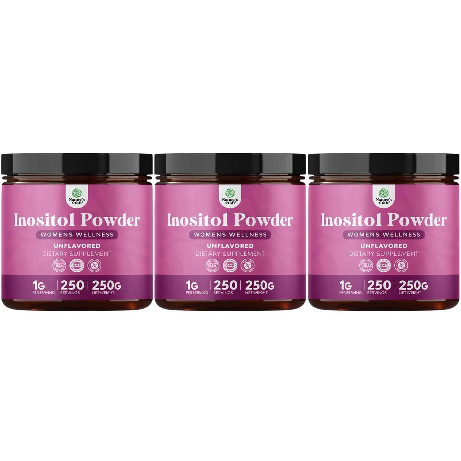 Nature's Craft Premium Inositol Powder jar on shelf for daily balance.