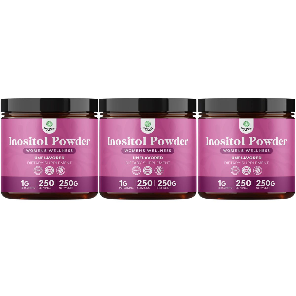 Nature's Craft Premium Inositol Powder jar on shelf for daily balance.
