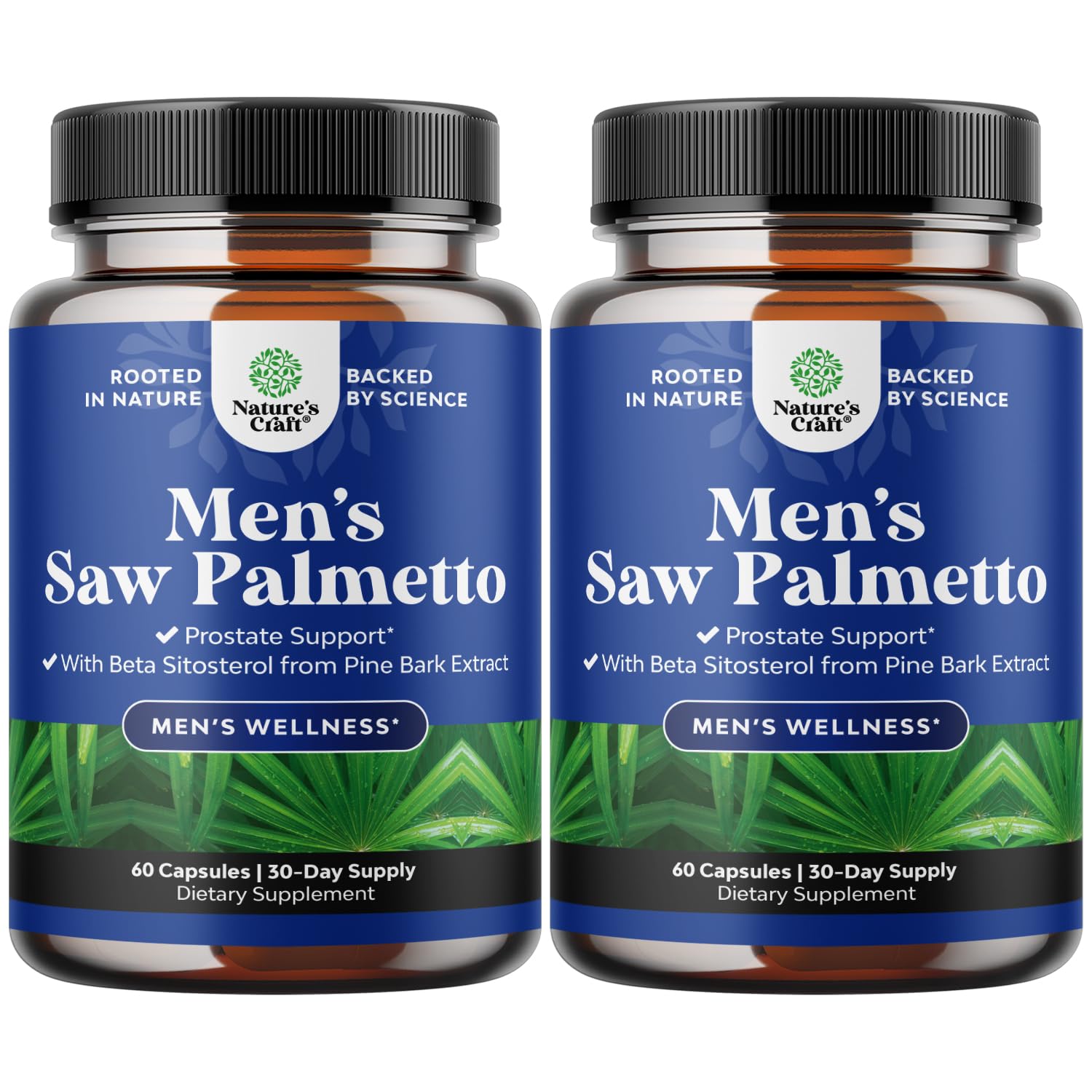 Natures Craft Saw Palmetto bottle closeup suggesting daily support for prostate comfort.