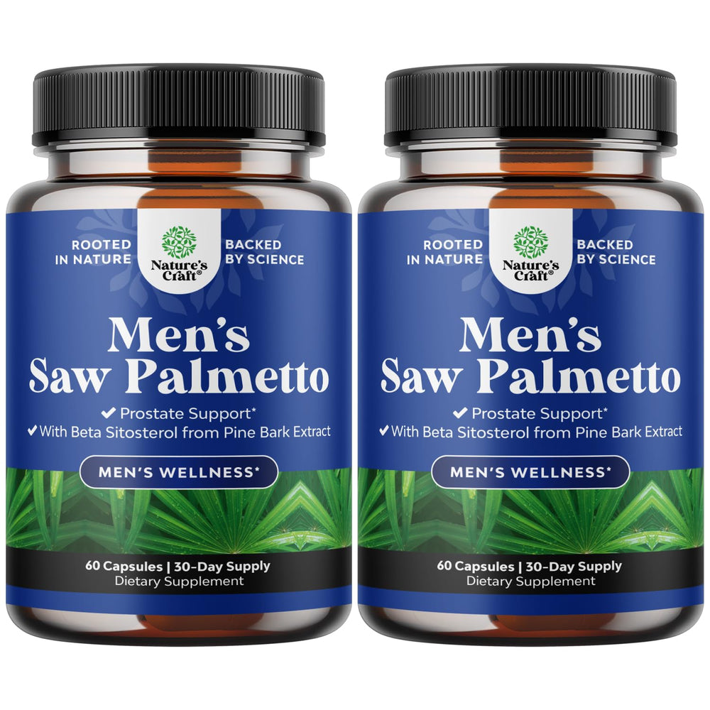 Natures Craft Saw Palmetto bottle closeup suggesting daily support for prostate comfort.