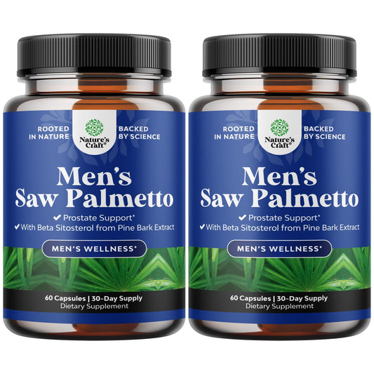Natures Craft Saw Palmetto bottle closeup suggesting daily support for prostate comfort.