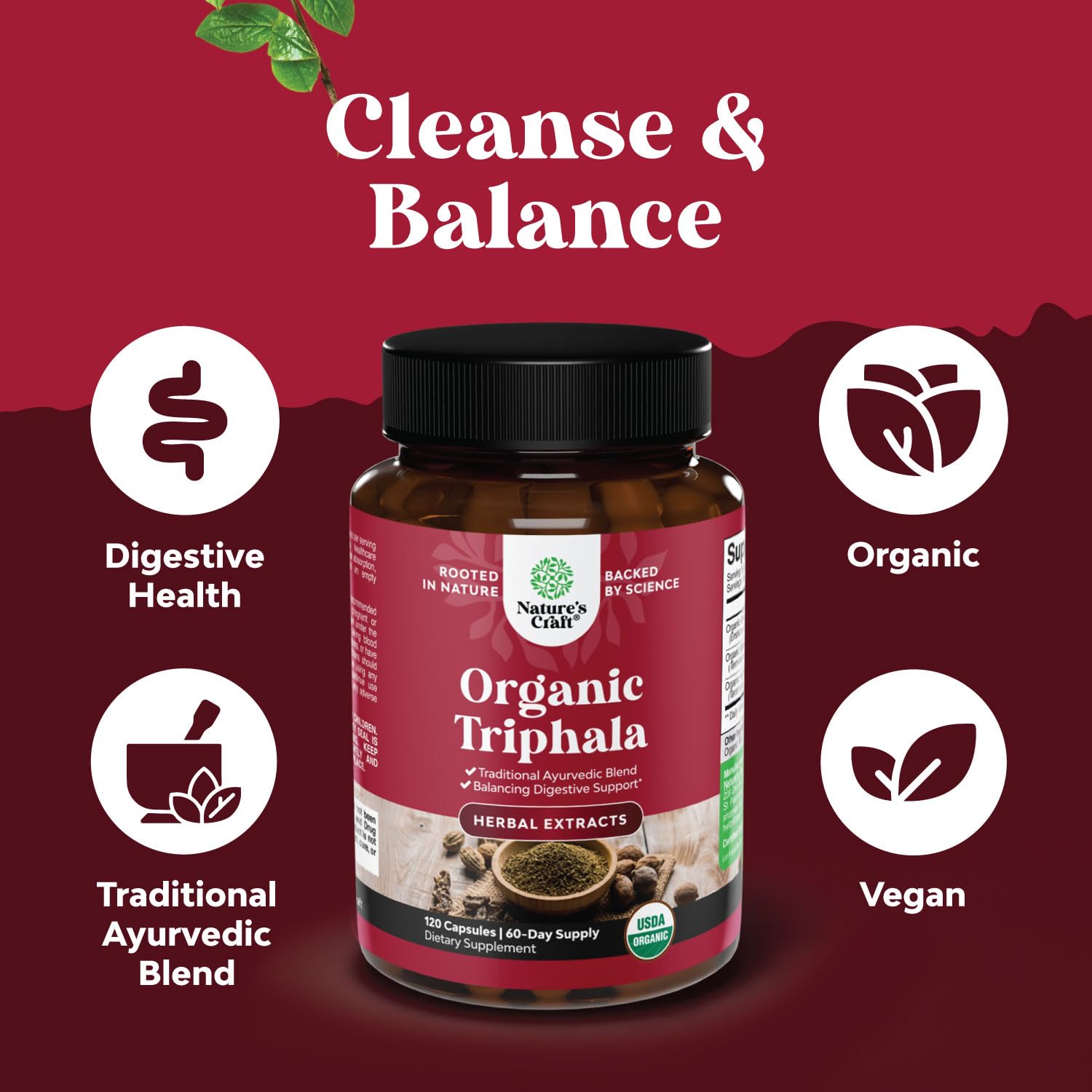 Natures Craft Triphala capsules closeup showing herbal potency
