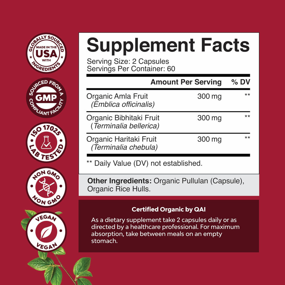 Natures Craft Triphala herbal blend ingredients featuring Amla Bibhitaki Haritaki