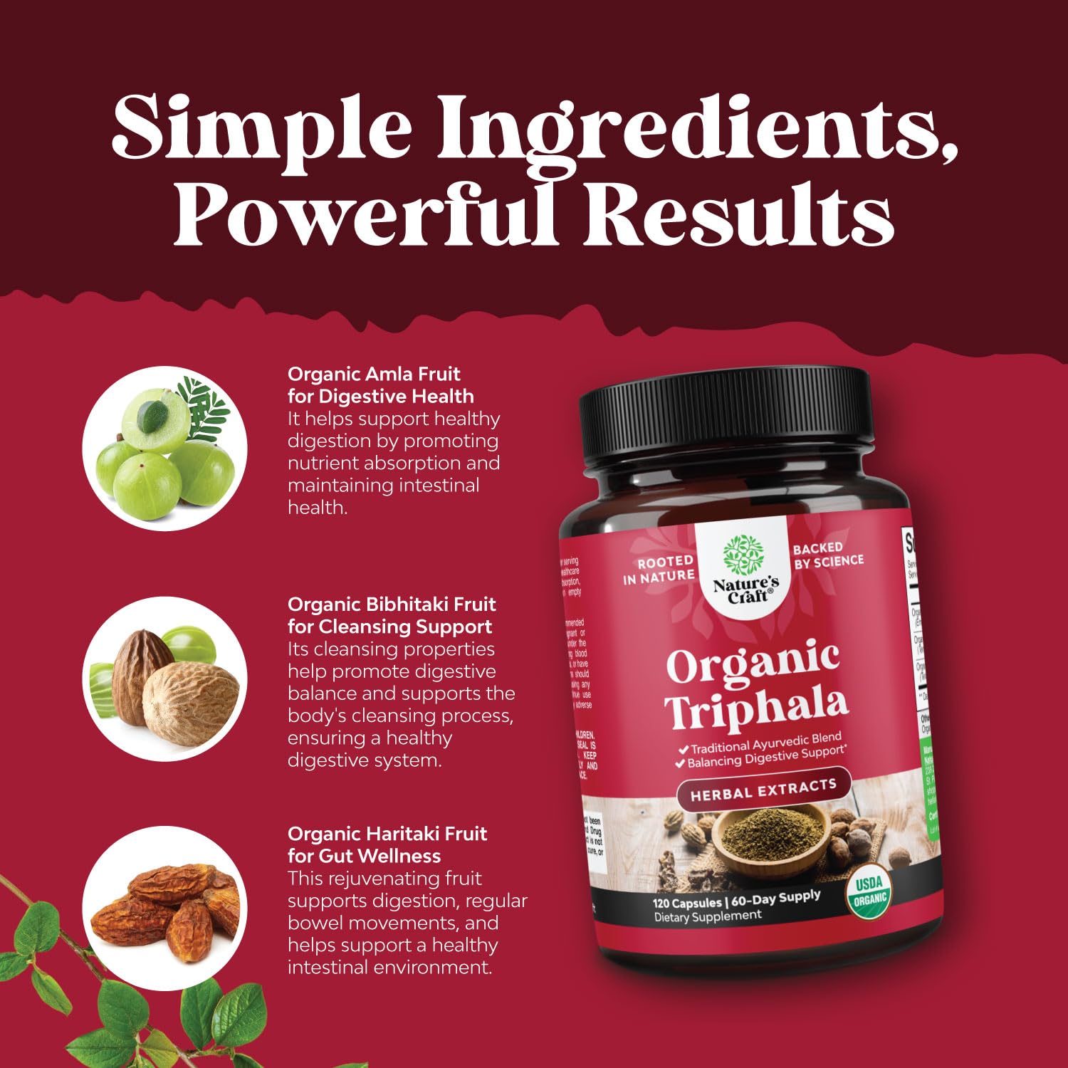 Natures Craft Triphala powder texture indicating plant-based wellness components