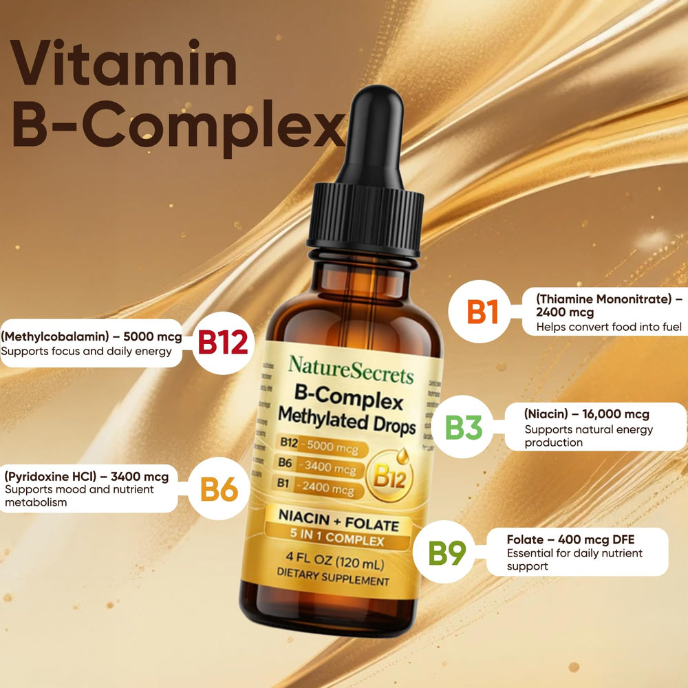 NatureSecrets B-Complex Drops label close-up highlights methylated B vitamins.