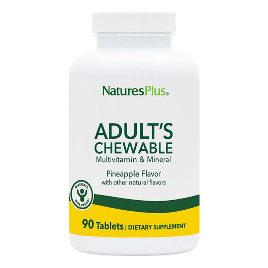 NaturesPlus Adults Pineapple Chewable bottle showing colorful vitamins for daily wellness support.