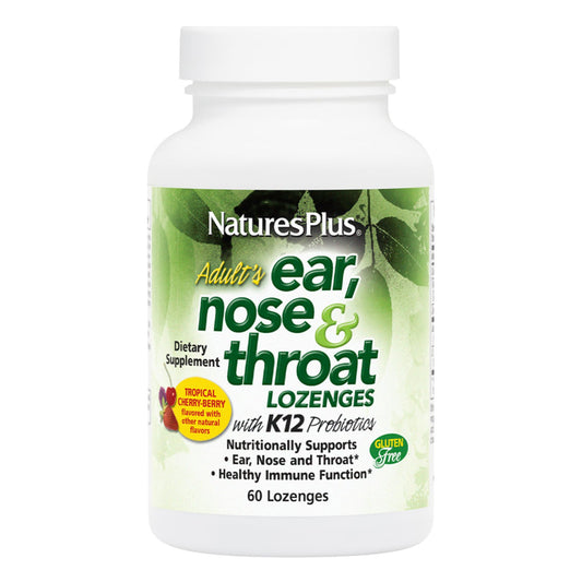 NaturesPlus Adults ENT lozenges front packaging showing 60-count bottle and branding for immune support and fresh breath.