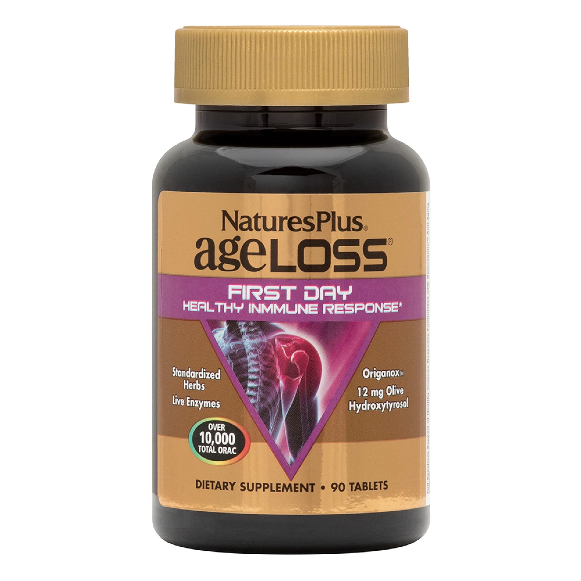 NaturesPlus AgeLoss First Day bottle highlighting vegetarian immune support and antioxidant blend