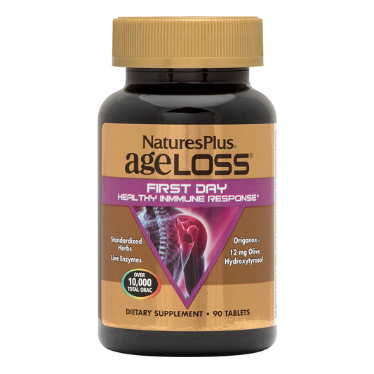 NaturesPlus AgeLoss First Day bottle highlighting vegetarian immune support and antioxidant blend