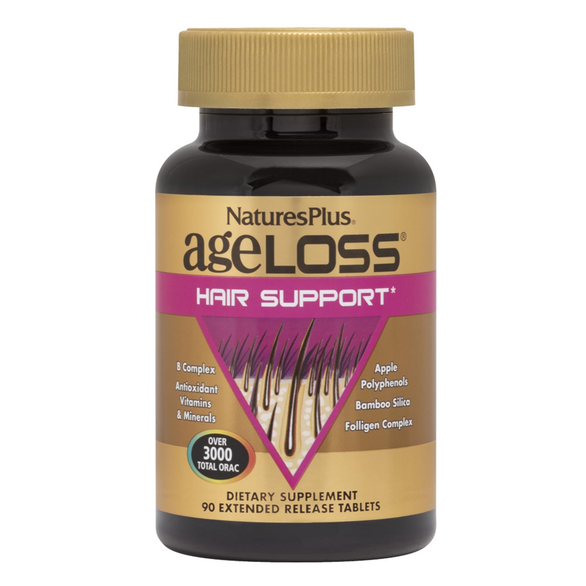 NaturesPlus AgeLoss hair support bottle on vanity, gluten-free formula for hair aging support.