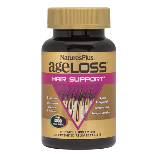 NaturesPlus AgeLoss hair support bottle on vanity, gluten-free formula for hair aging support.