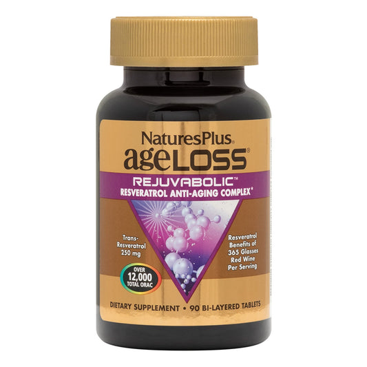 NaturesPlus AgeLoss REJUVABOLIC bottle highlights vegetarian, gluten-free formula for daily antioxidant support.