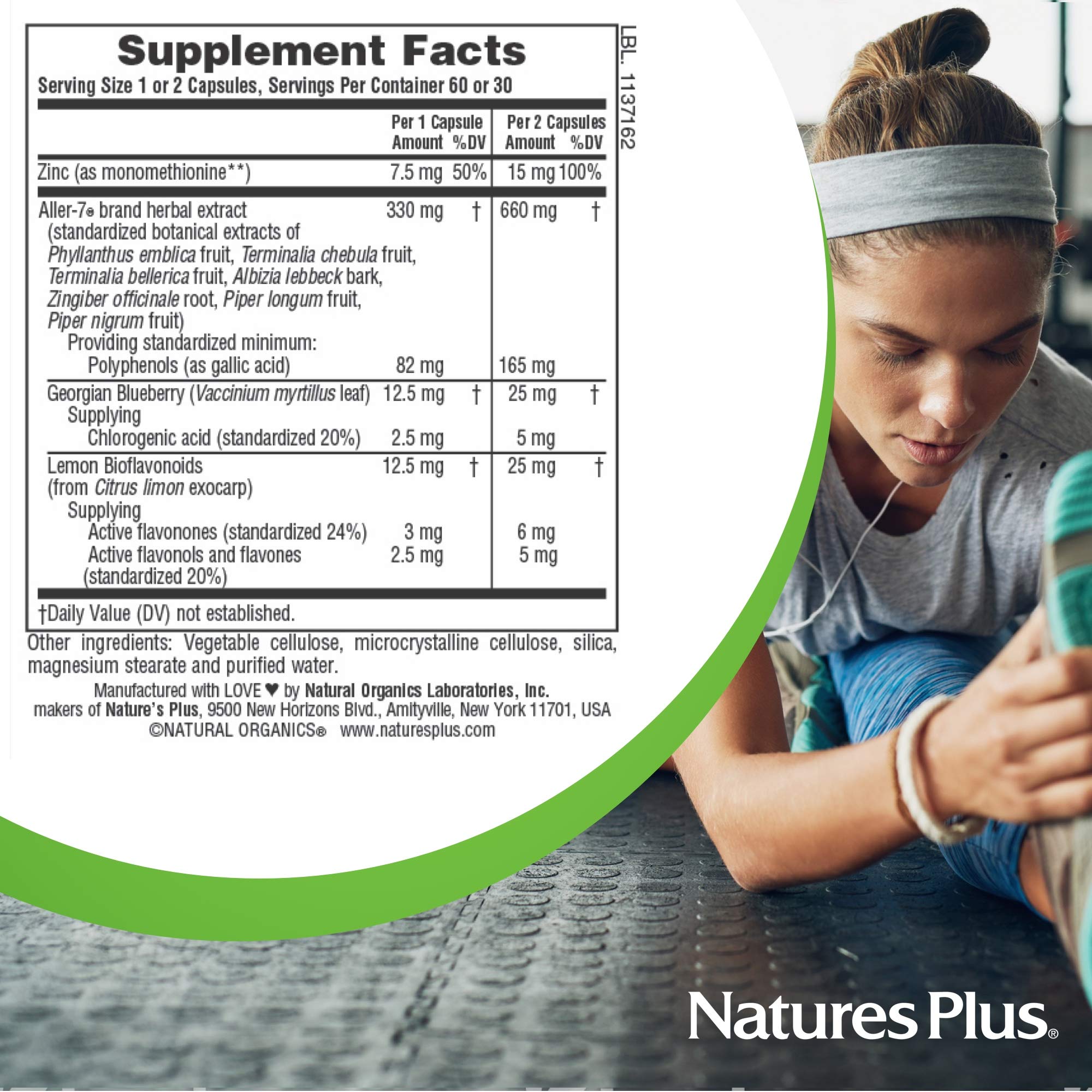 Glass bottle of NaturesPlus Aller-7 Rx-Respiration on a clean surface.