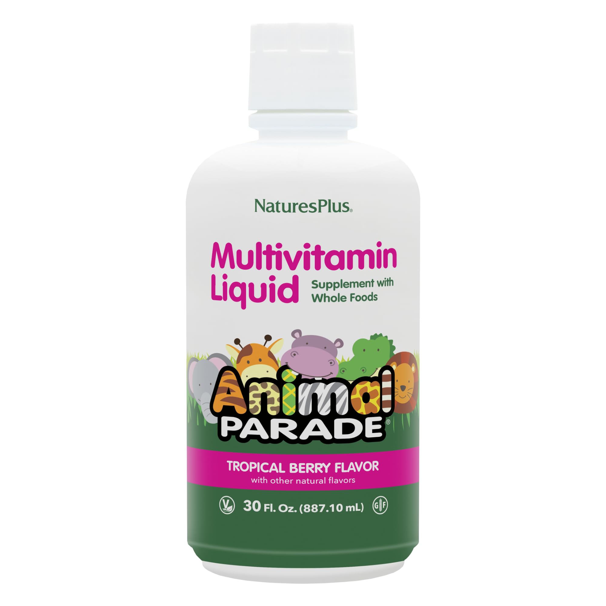 NaturesPlus Animal Parade bottle with tropical berry label, kid friendly multivitamin for daily support