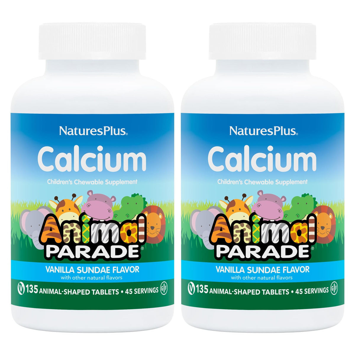 NaturesPlus Animal Parade calcium bottle with animal-shaped chews for kids' bone-friendly nutrition