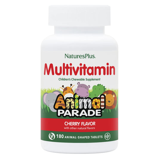 NaturesPlus Animal Parade cherry-flavored chewables in a bottle offer kid-friendly daily nutrition.