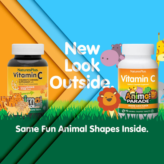 NaturesPlus Animal Parade chewables offer tasty orange flavor for kids' daily wellness.