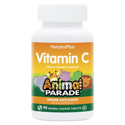 NaturesPlus Animal Parade orange-flavored chewables shaped as animals for kids' daily vitamin C.