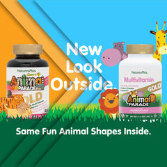NaturesPlus Animal Parade Gold animal-shaped tablets for fun, kid-friendly dosing.