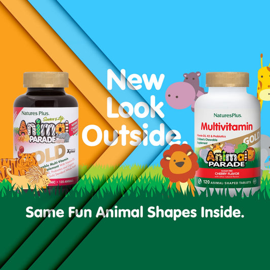 NaturesPlus Animal Parade Gold animal-shaped tablets add fun to daily vitamins.