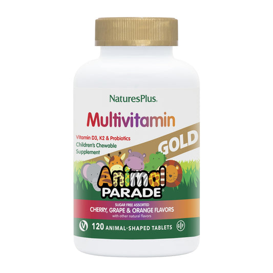 NaturesPlus Animal Parade Gold bottle front label highlighting vegan ingredients for kids.