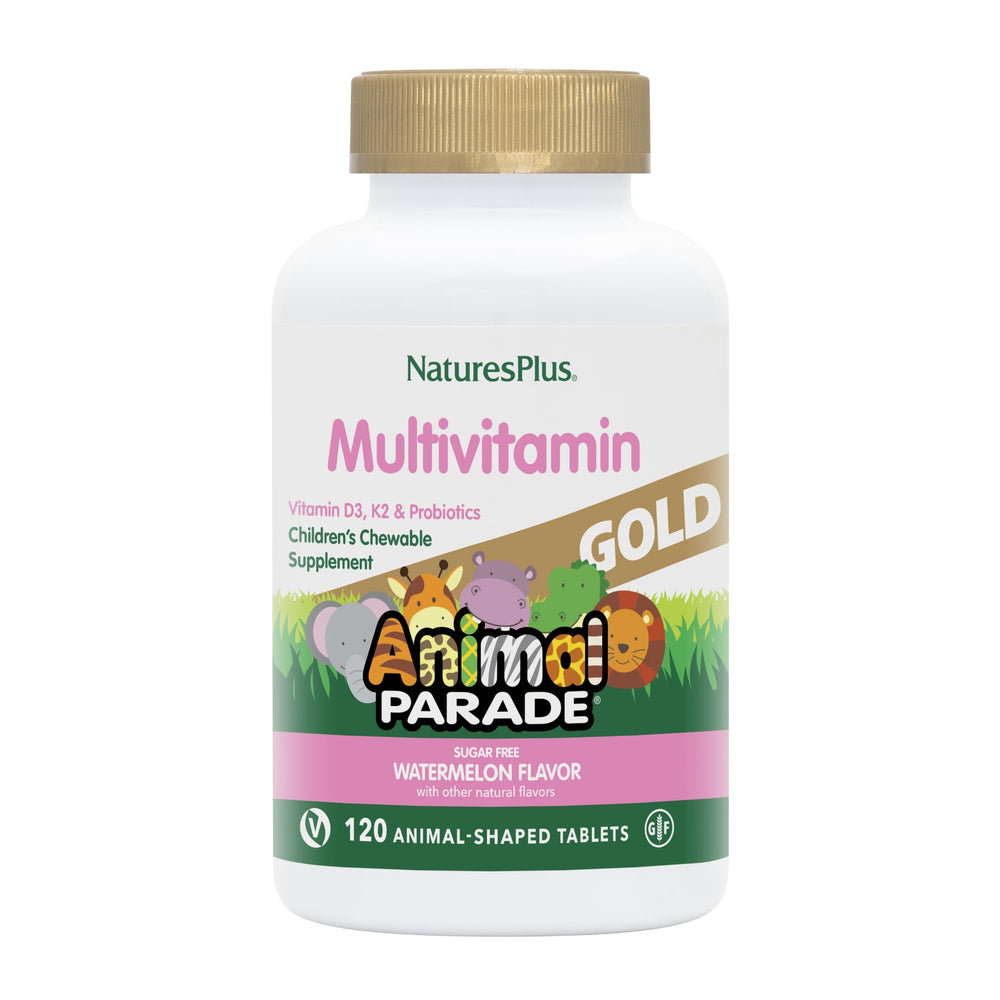 NaturesPlus Animal Parade Gold bottle front, kid-friendly vitamins for daily support