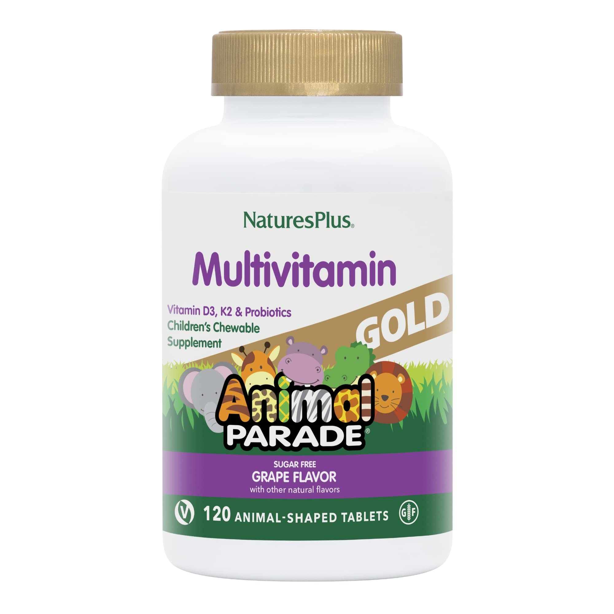 Nature'sPlus Animal Parade Gold bottle front highlighting kid-friendly multivitamin