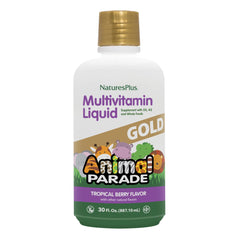 NaturesPlus Animal Parade Gold bottle pour showing tropical berry flavor for kids.