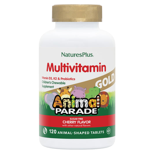 NaturesPlus Animal Parade Gold bottle with cherry-flavored chewables for kids daily nutrition.