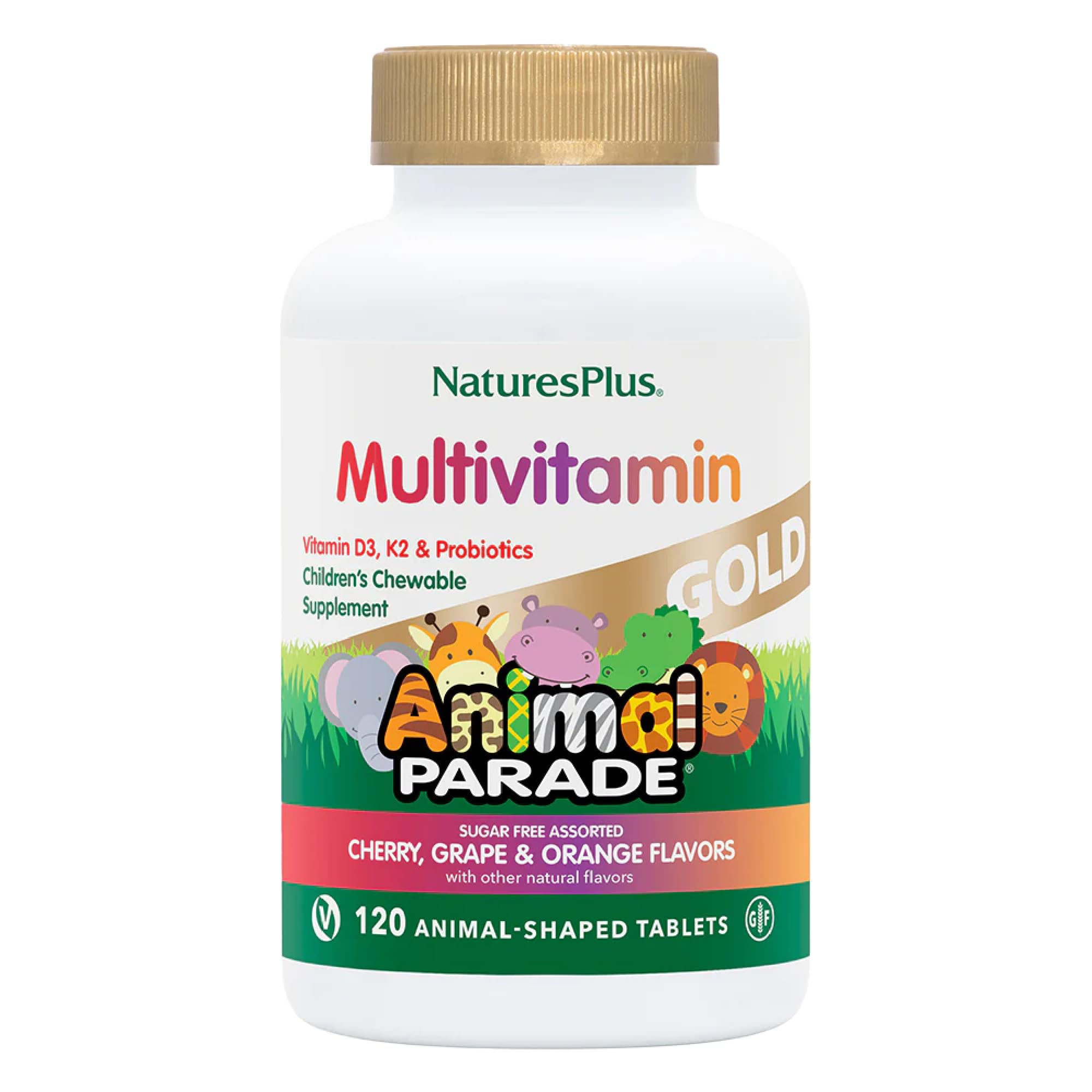 NaturesPlus Animal Parade Gold cherry-chewable tablet with animal shapes for kid-friendly nutrition