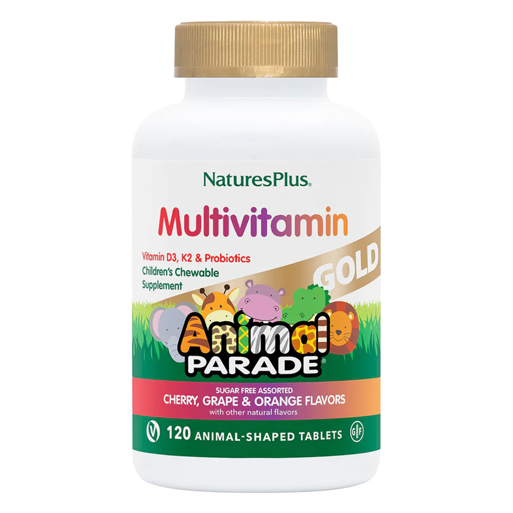 NaturesPlus Animal Parade Gold cherry-chewable tablet with animal shapes for kid-friendly nutrition