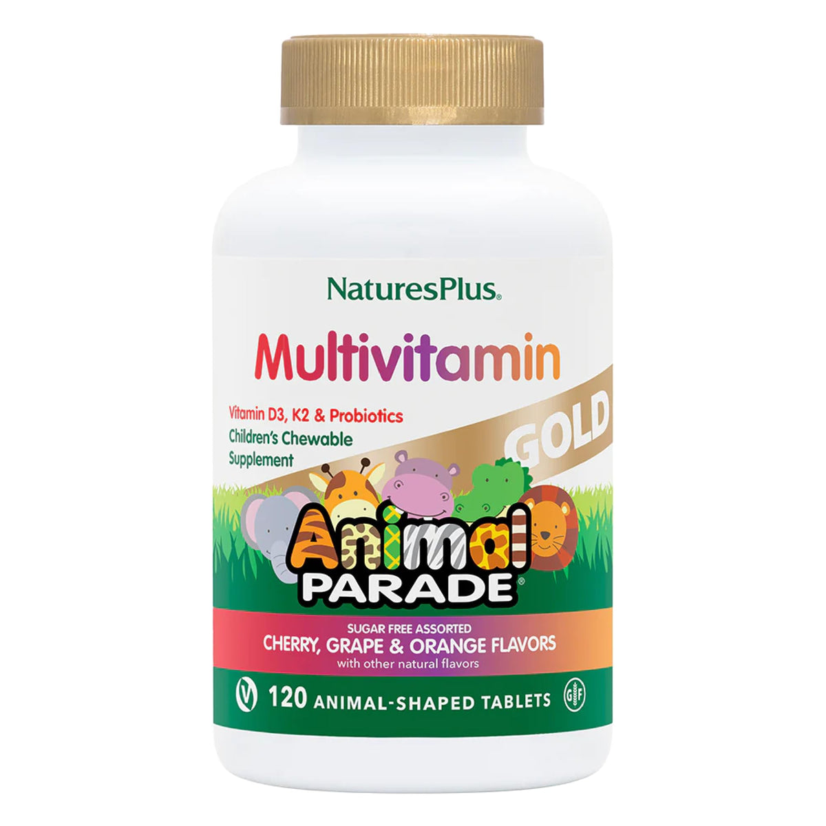 NaturesPlus Animal Parade Gold cherry-chewable tablet with animal shapes for kid-friendly nutrition