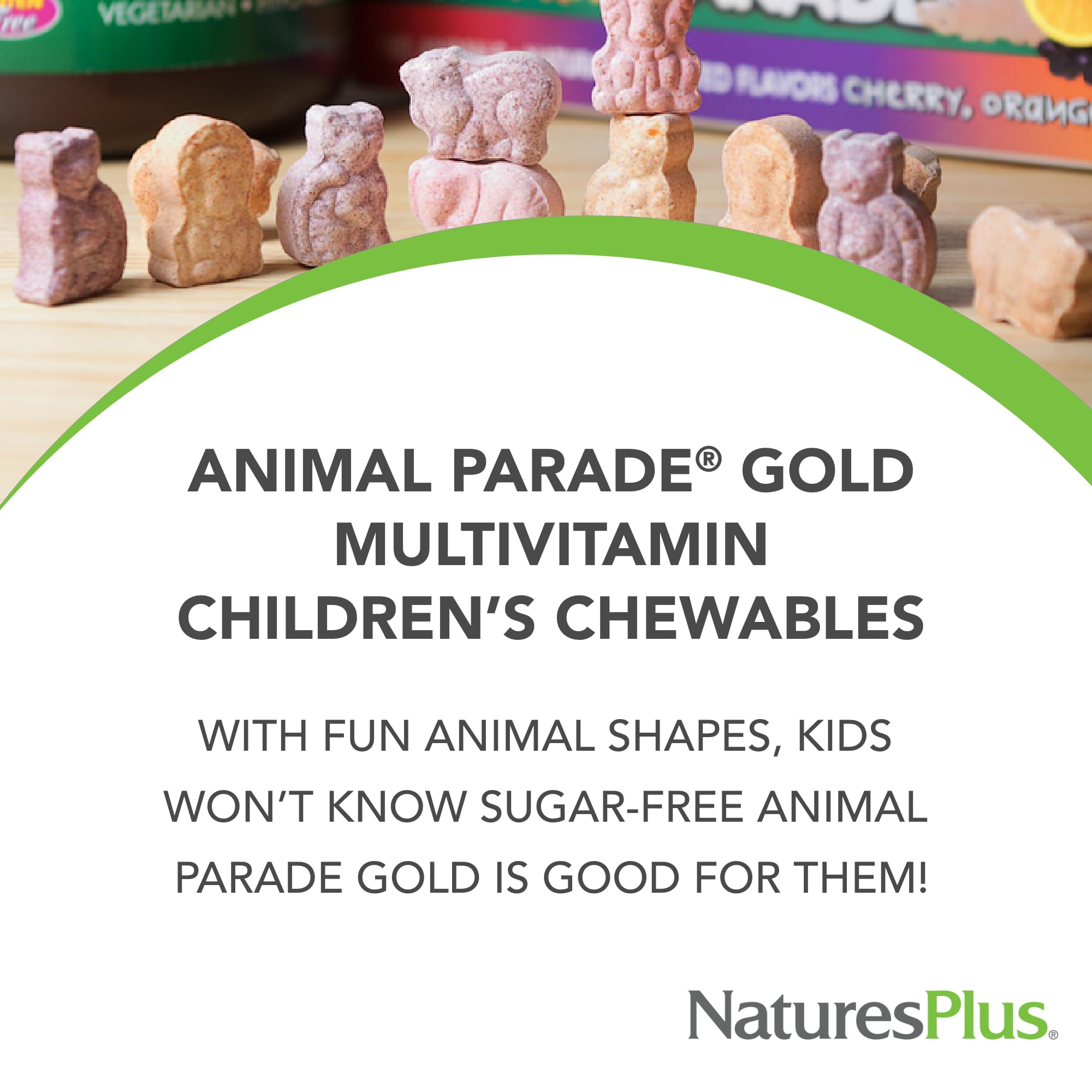 NaturesPlus Animal Parade Gold D3, K2 and probiotics blend for balanced daily support.