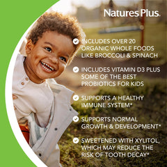 Label close-up highlighting vitamins and prebiotics in the product.