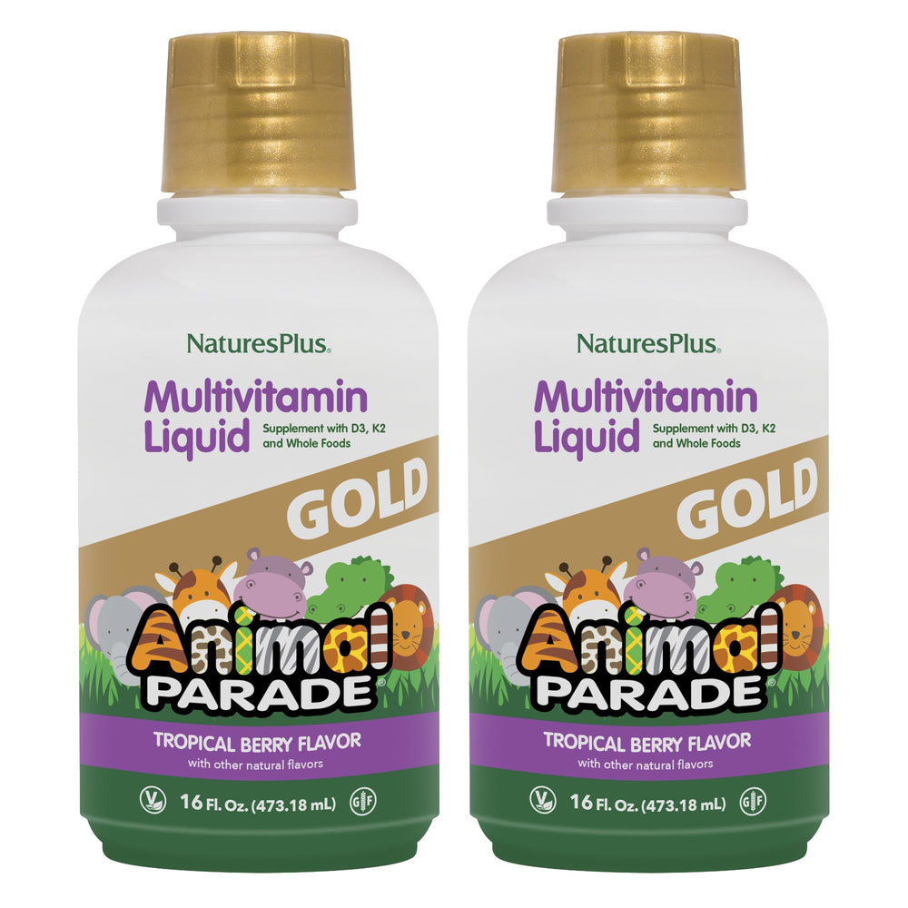 NaturesPlus Animal Parade Gold tropical berry bottle designed for kids’ daily multivitamin.