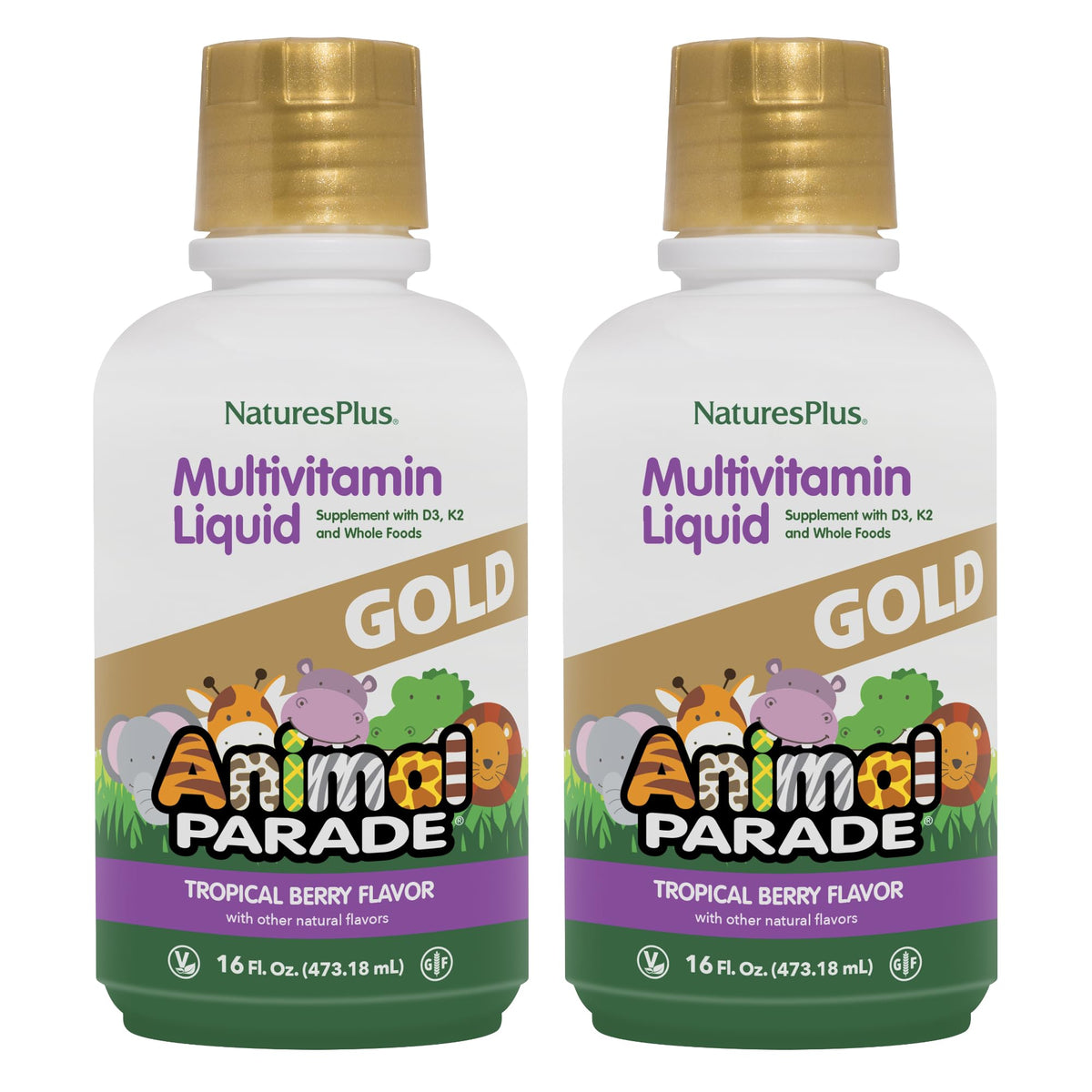 NaturesPlus Animal Parade Gold tropical berry bottle designed for kids’ daily multivitamin.