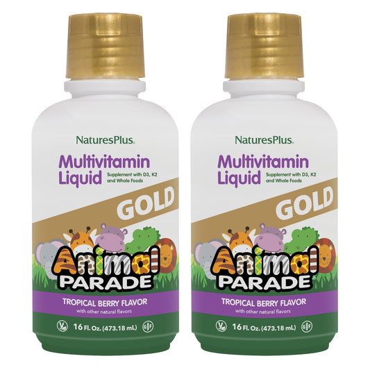 NaturesPlus Animal Parade Gold tropical berry bottle designed for kids’ daily multivitamin.