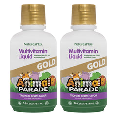 NaturesPlus Animal Parade Gold tropical berry bottle designed for kids’ daily multivitamin.