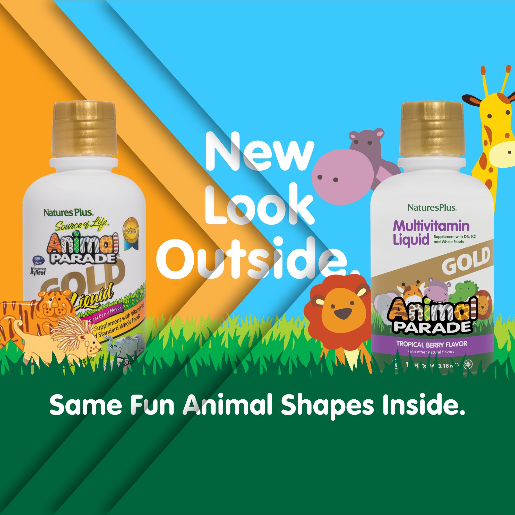 NaturesPlus Animal Parade Gold tropical-berry pour demonstrates easy dosing for kids.