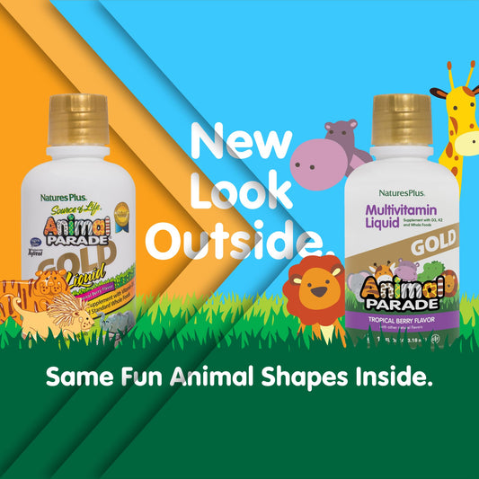 NaturesPlus Animal Parade Gold tropical-berry pour demonstrates easy dosing for kids.